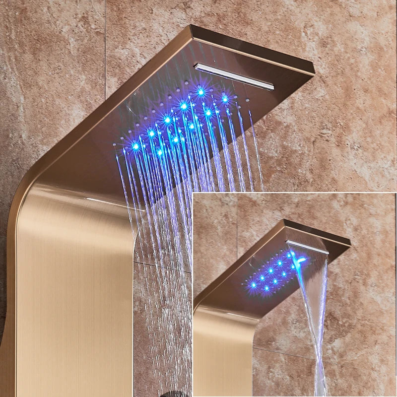 Panneau Douche LED 6 Modes Intelligent – Colonne LCD Rose Gold | Pluie, Cascade, Jets Massage & Robinet Mitigeur