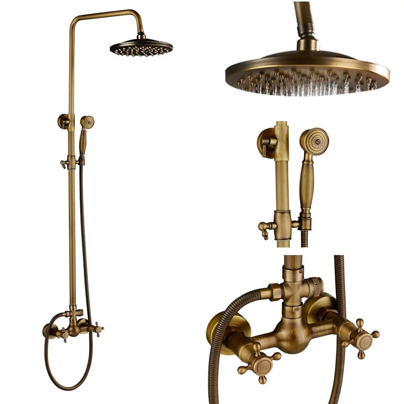Rozin Ensemble Douche Antique Laiton Mural – Double Poignée, Douchette & Étagère Intégrée | Mitigeur Style Vintage