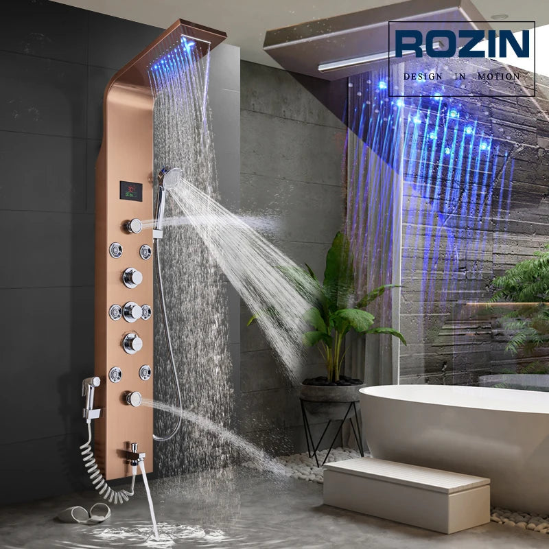 Panneau Douche LED 6 Modes Intelligent – Colonne LCD Rose Gold | Pluie, Cascade, Jets Massage & Robinet Mitigeur