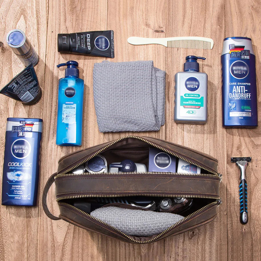 Trousse de Toilette Homme Cuir Véritable Vintage – Sac Cosmétique Organisateur Voyage
