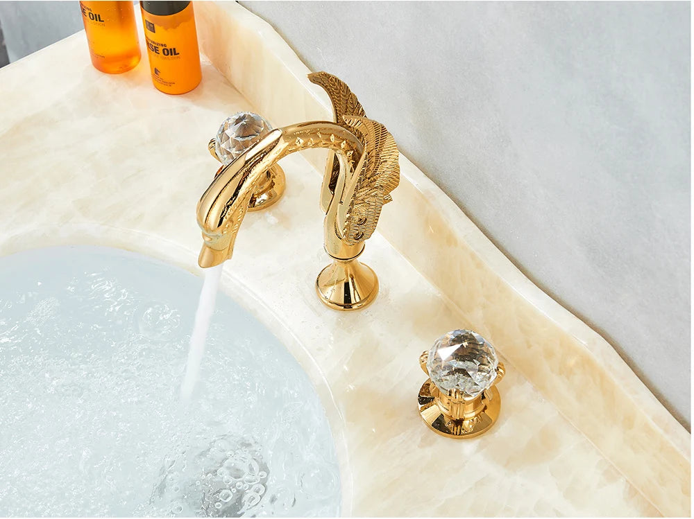 Rozin Robinet Lavabo Cygne Or Luxe – Double Poignée Cristal, Mitigeur Eau Chaude & Froide | Pièce Maîtresse Salle de Bain