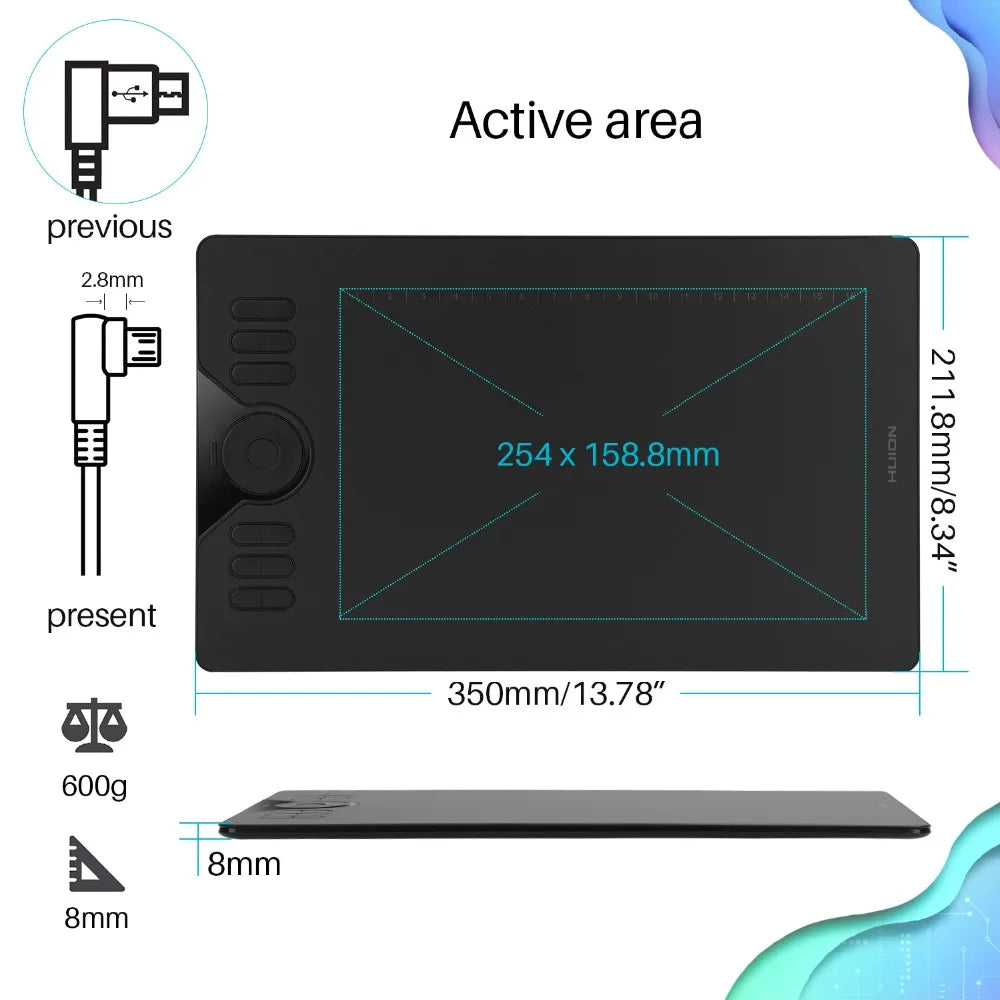 Huion HS610 Tablette Graphique 10x6.25'' – 28 Touches Express, Stylet 8192 Niveaux Sans Pile | Android, MacBook, PC