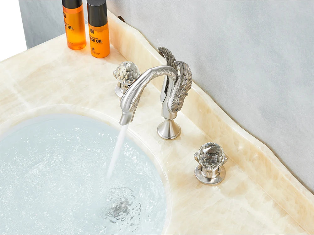 Rozin Robinet Lavabo Cygne Or Luxe – Double Poignée Cristal, Mitigeur Eau Chaude & Froide | Pièce Maîtresse Salle de Bain
