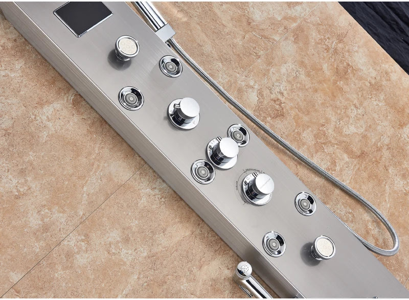 Panneau Douche LED 6 Modes Intelligent – Colonne LCD Rose Gold | Pluie, Cascade, Jets Massage & Robinet Mitigeur