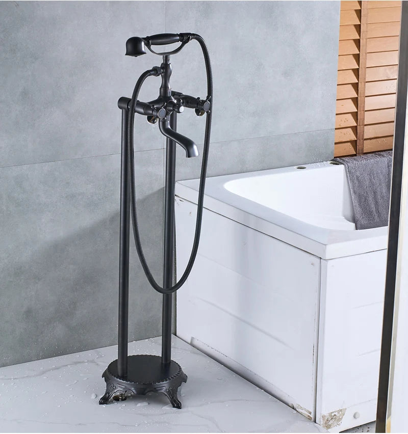 Robinet Baignoire Ìlot Sol Laiton Antique – Double Poignée, Bec Pivotant & Douchette | Style Vintage Salle de Bain