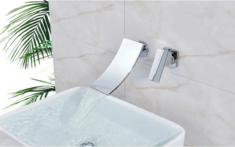 Rozin Robinet Lavabo Cascade Mural – Chrome & Noir Mat, Mitigeur Mono-Commande | Eau Chaude & Froide Salle de Bain