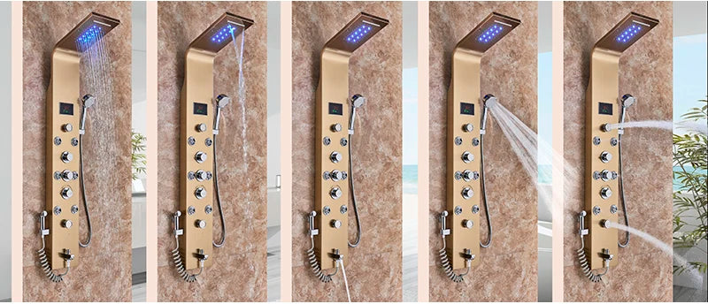 Panneau Douche LED 6 Modes Intelligent – Colonne LCD Rose Gold | Pluie, Cascade, Jets Massage & Robinet Mitigeur