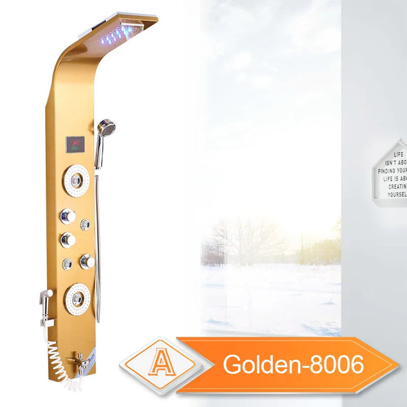 Panneau Douche LED 6 Modes Intelligent – Colonne LCD Rose Gold | Pluie, Cascade, Jets Massage & Robinet Mitigeur