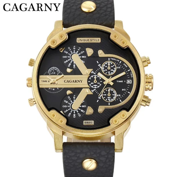 Montre Homme Cagarny D6820 Quartz Militaire – Double Fuseau Bracelet Cuir Fashion