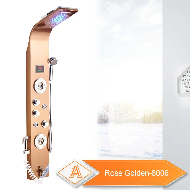 Panneau Douche LED 6 Modes Intelligent – Colonne LCD Rose Gold | Pluie, Cascade, Jets Massage & Robinet Mitigeur