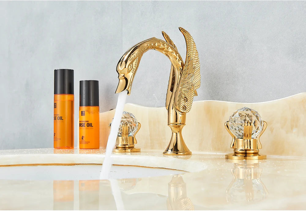Rozin Robinet Lavabo Cygne Or Luxe – Double Poignée Cristal, Mitigeur Eau Chaude & Froide | Pièce Maîtresse Salle de Bain
