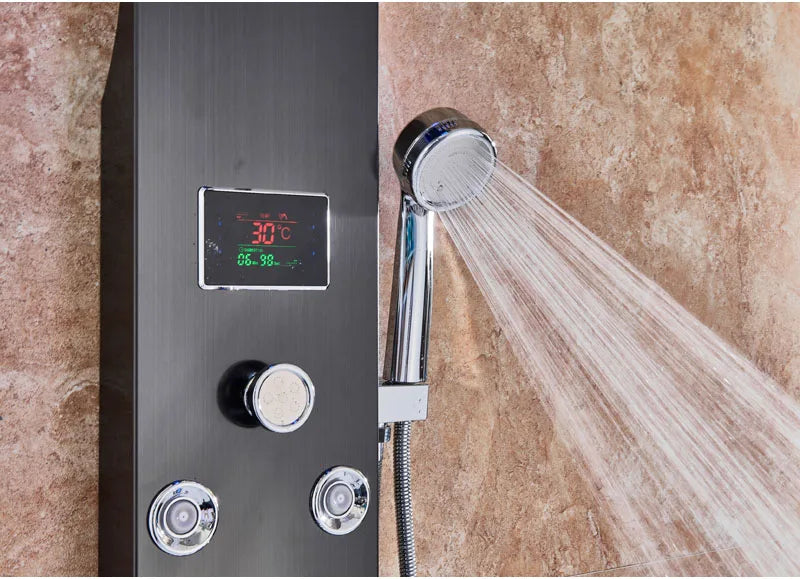 Panneau Douche LED 6 Modes Intelligent – Colonne LCD Rose Gold | Pluie, Cascade, Jets Massage & Robinet Mitigeur