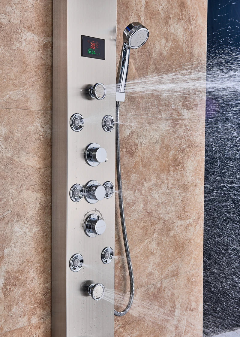 Colonne Douche LED Luxe Nickel Brossé – SPA Jets Massage, Affichage Digital Température | Panneau Douche Tour Salle de Bain
