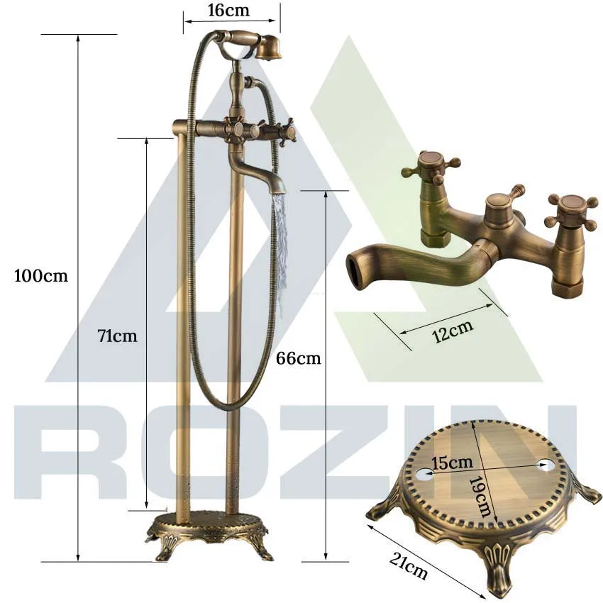 Robinet Baignoire Ìlot Sol Laiton Antique – Double Poignée, Bec Pivotant & Douchette | Style Vintage Salle de Bain
