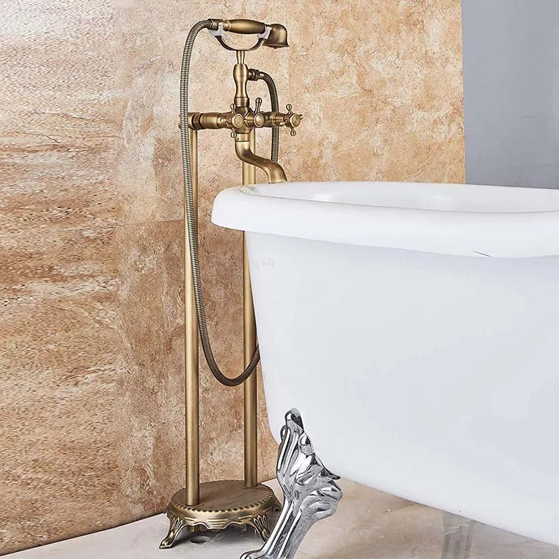 Robinet Baignoire Ìlot Sol Laiton Antique – Double Poignée, Bec Pivotant & Douchette | Style Vintage Salle de Bain