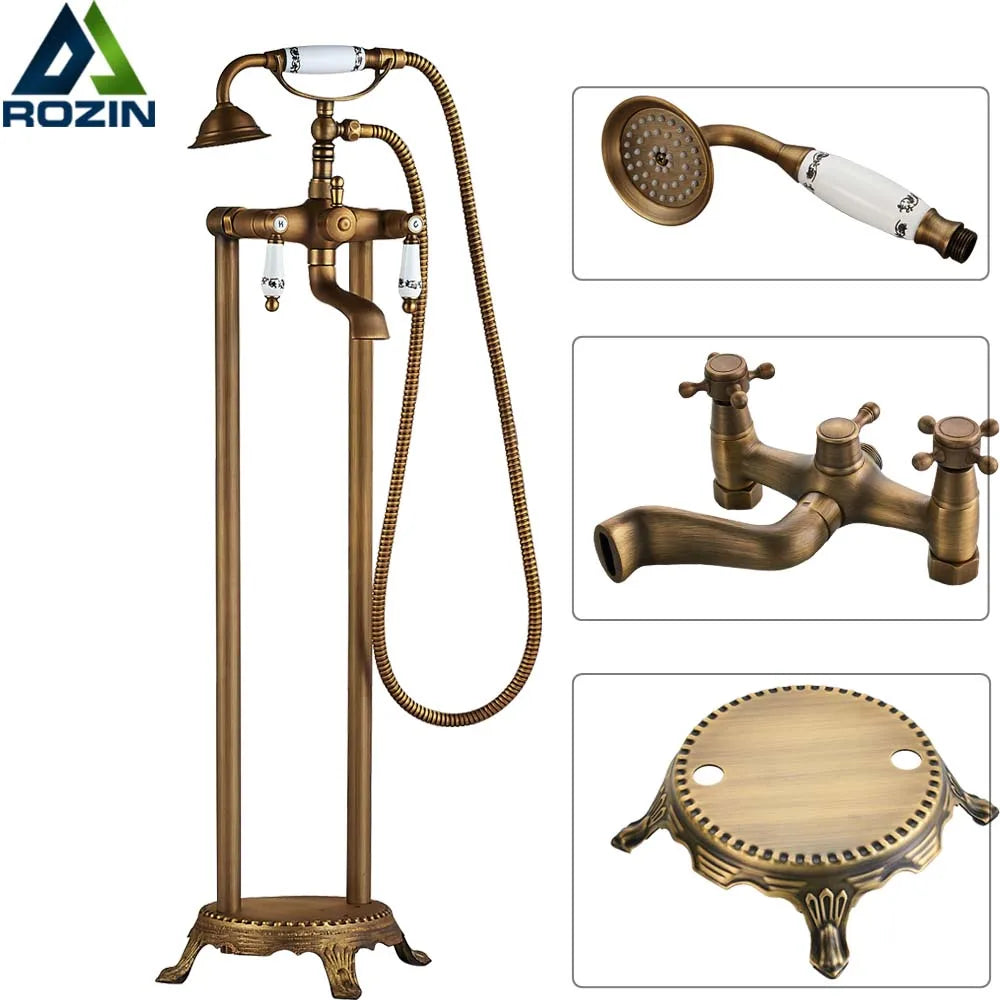 Robinet Baignoire Ìlot Sol Laiton Antique – Double Poignée, Bec Pivotant & Douchette | Style Vintage Salle de Bain