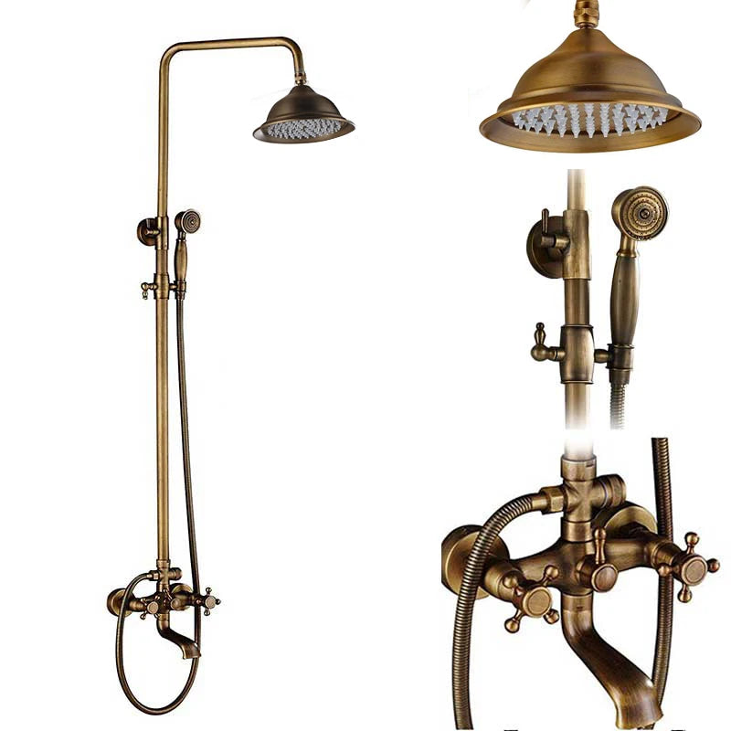 Rozin Ensemble Douche Antique Laiton Mural – Double Poignée, Douchette & Étagère Intégrée | Mitigeur Style Vintage