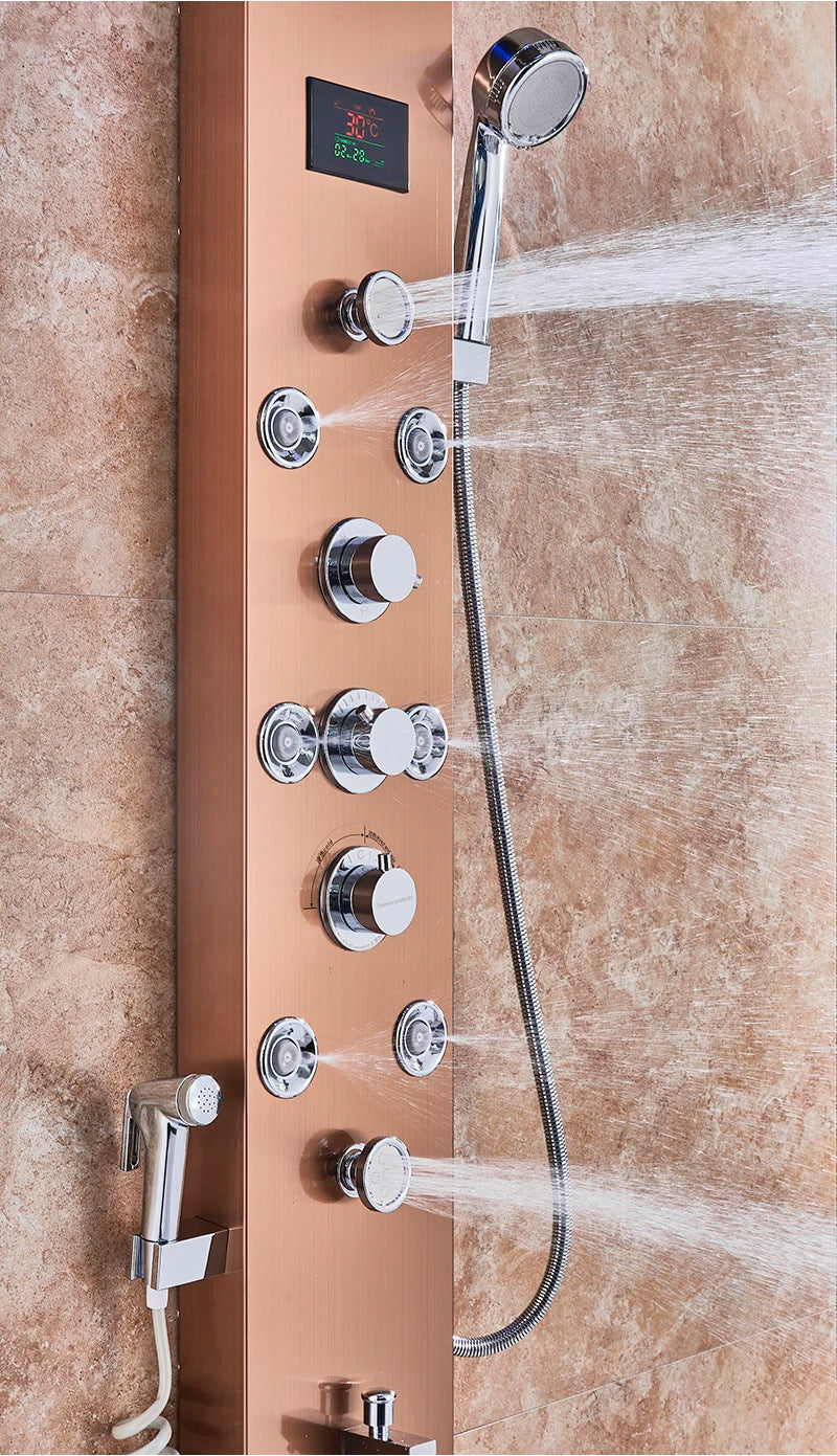 Panneau Douche LED 6 Modes Intelligent – Colonne LCD Rose Gold | Pluie, Cascade, Jets Massage & Robinet Mitigeur