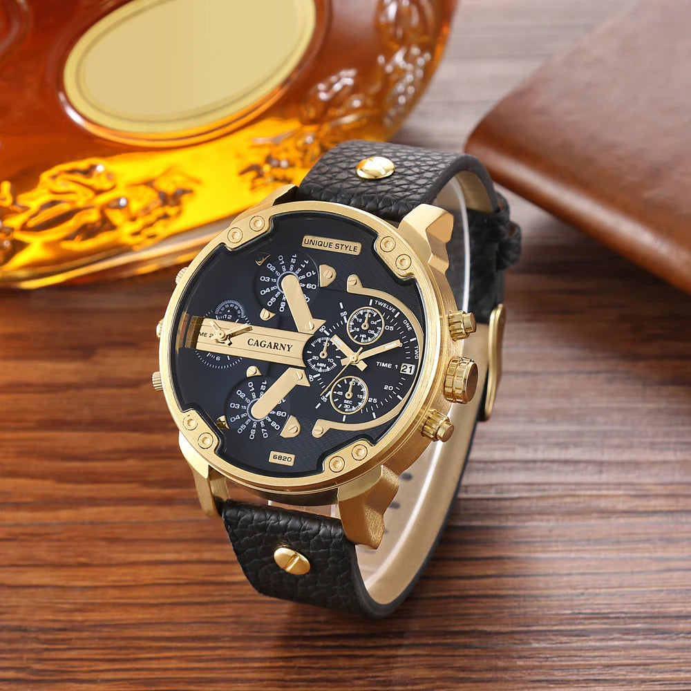 Montre Homme Cagarny D6820 Quartz Militaire – Double Fuseau Bracelet Cuir Fashion