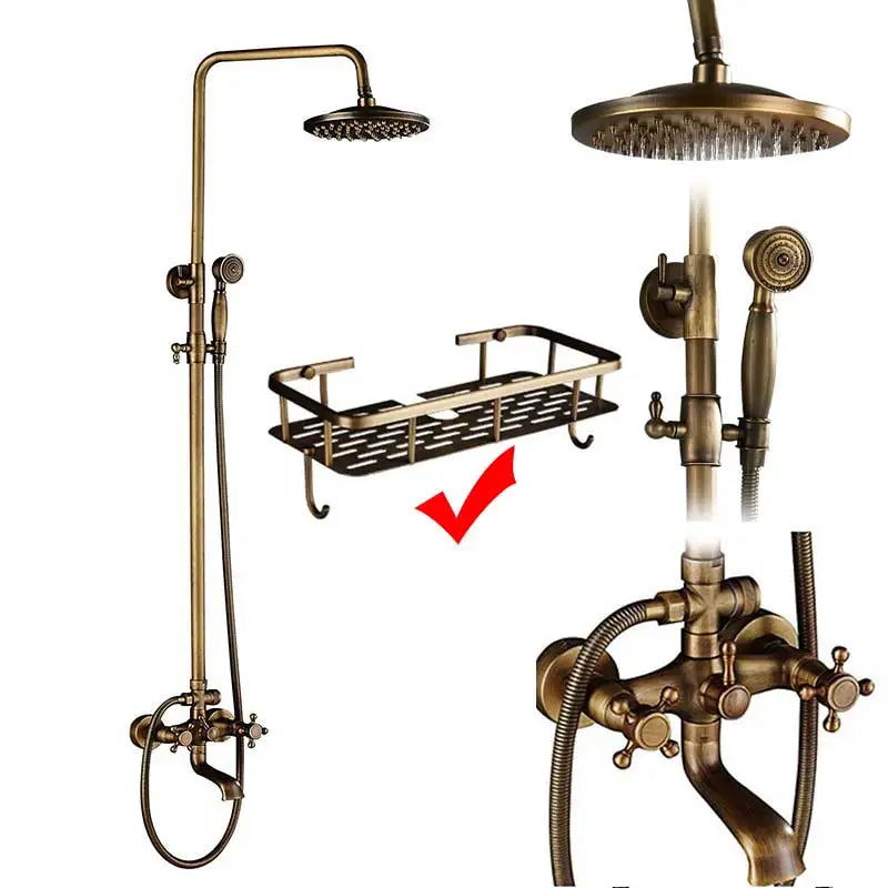 Rozin Ensemble Douche Antique Laiton Mural – Double Poignée, Douchette & Étagère Intégrée | Mitigeur Style Vintage