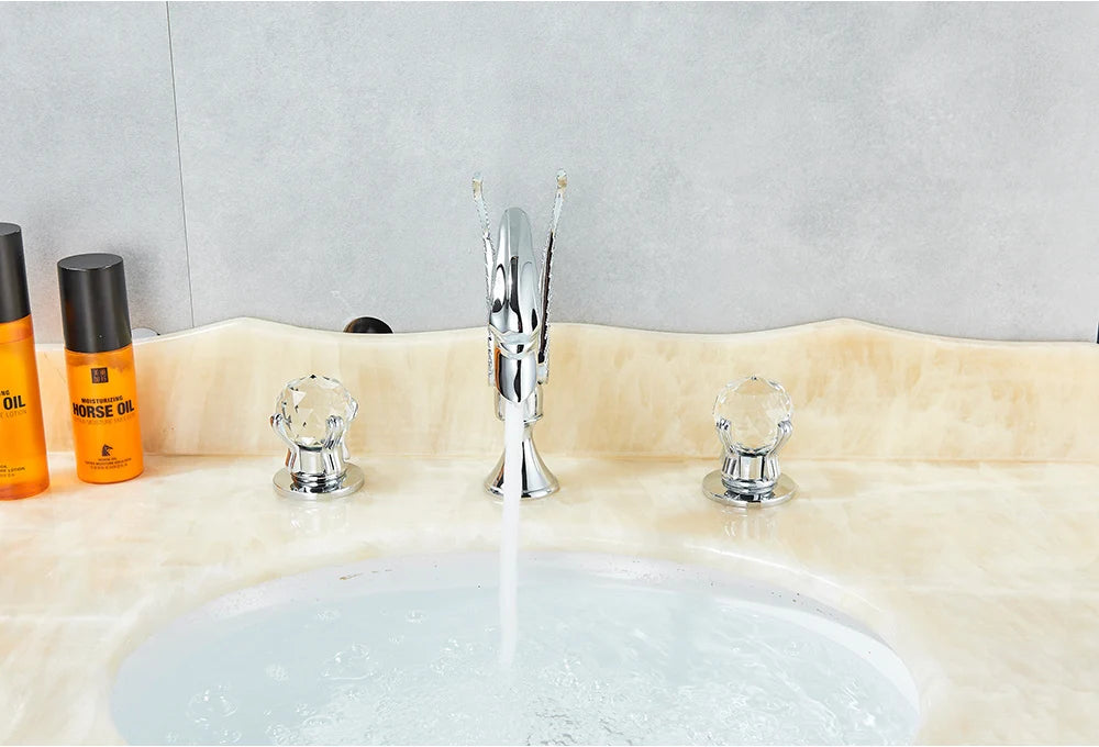 Rozin Robinet Lavabo Cygne Or Luxe – Double Poignée Cristal, Mitigeur Eau Chaude & Froide | Pièce Maîtresse Salle de Bain