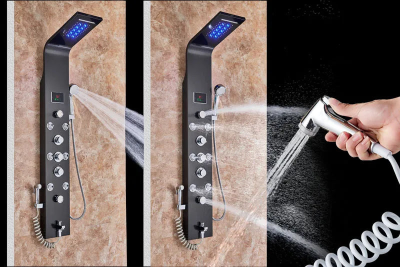 Panneau Douche LED 6 Modes Intelligent – Colonne LCD Rose Gold | Pluie, Cascade, Jets Massage & Robinet Mitigeur