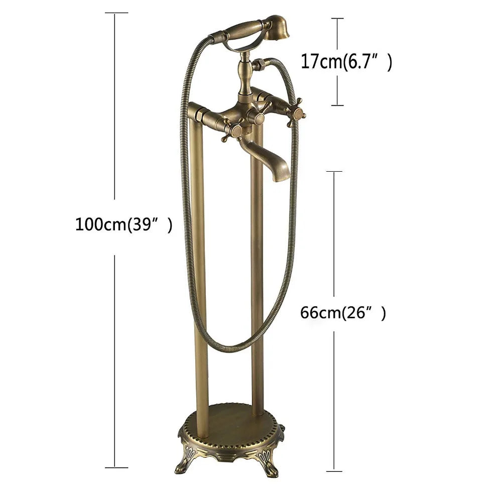 Robinet Baignoire Ìlot Sol Laiton Antique – Double Poignée, Bec Pivotant & Douchette | Style Vintage Salle de Bain