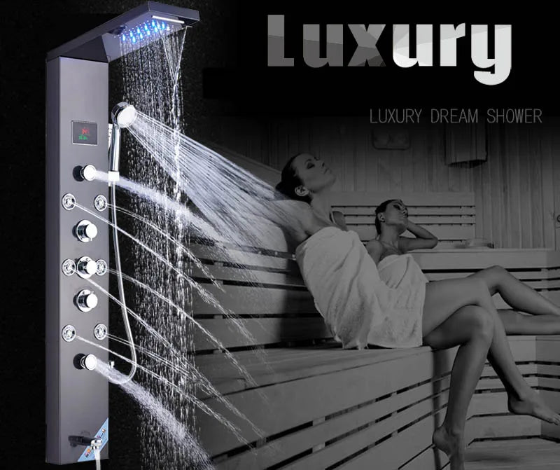 Colonne Douche LED Luxe Nickel Brossé – SPA Jets Massage, Affichage Digital Température | Panneau Douche Tour Salle de Bain