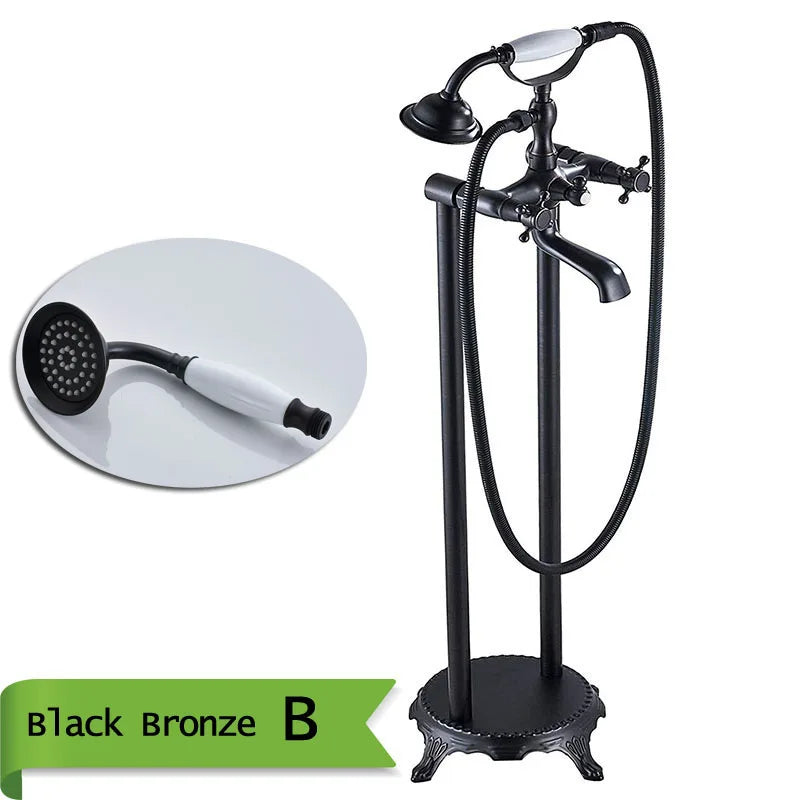 Robinet Baignoire Ìlot Sol Laiton Antique – Double Poignée, Bec Pivotant & Douchette | Style Vintage Salle de Bain
