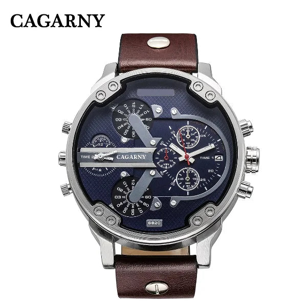 Montre Homme Cagarny D6820 Quartz Militaire – Double Fuseau Bracelet Cuir Fashion