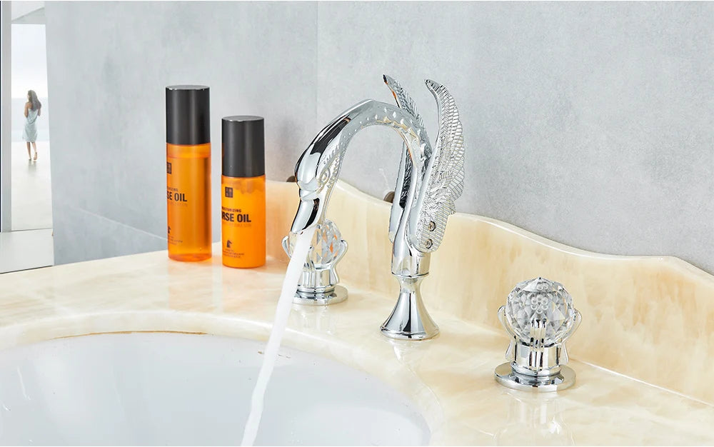 Rozin Robinet Lavabo Cygne Or Luxe – Double Poignée Cristal, Mitigeur Eau Chaude & Froide | Pièce Maîtresse Salle de Bain