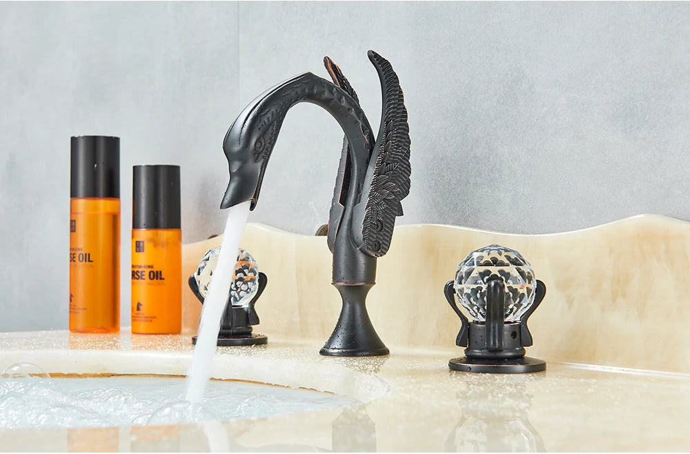 Rozin Robinet Lavabo Cygne Or Luxe – Double Poignée Cristal, Mitigeur Eau Chaude & Froide | Pièce Maîtresse Salle de Bain