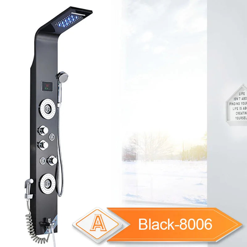Panneau Douche LED 6 Modes Intelligent – Colonne LCD Rose Gold | Pluie, Cascade, Jets Massage & Robinet Mitigeur