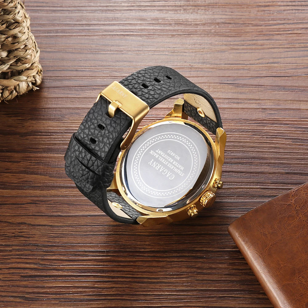 Montre Homme Cagarny D6820 Quartz Militaire – Double Fuseau Bracelet Cuir Fashion