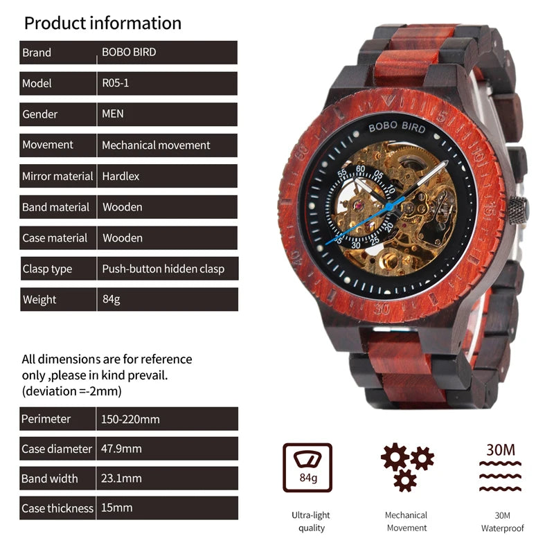 Montre Homme BOBO BIRD Bois Mécanique Luxe – Grand Cadran Top Brand Naturel Unique