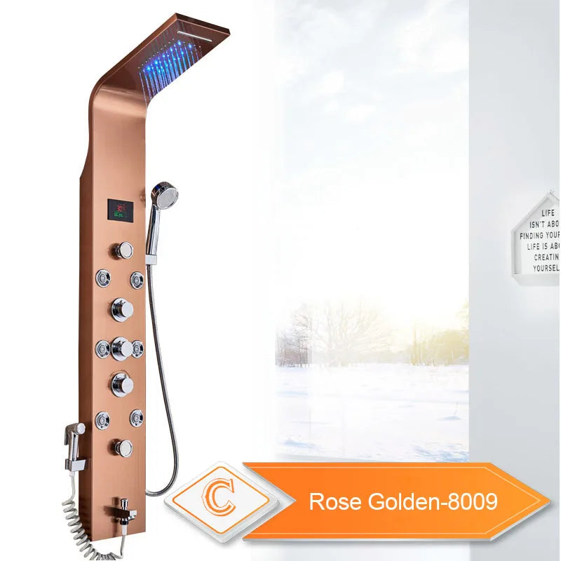 Panneau Douche LED 6 Modes Intelligent – Colonne LCD Rose Gold | Pluie, Cascade, Jets Massage & Robinet Mitigeur