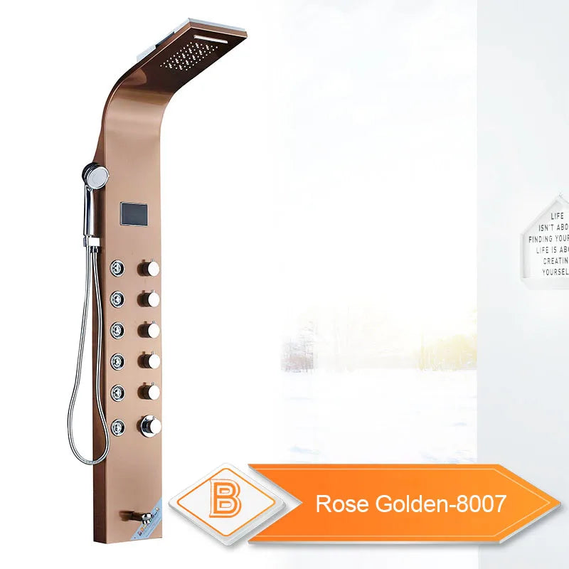 Panneau Douche LED 6 Modes Intelligent – Colonne LCD Rose Gold | Pluie, Cascade, Jets Massage & Robinet Mitigeur