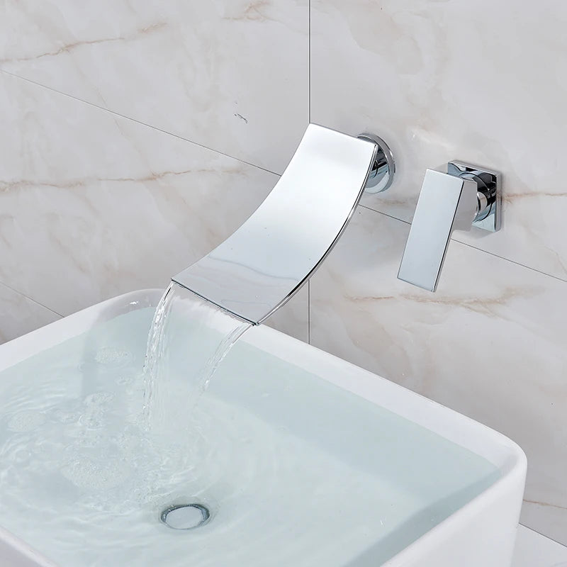 Rozin Robinet Lavabo Cascade Mural – Chrome & Noir Mat, Mitigeur Mono-Commande | Eau Chaude & Froide Salle de Bain
