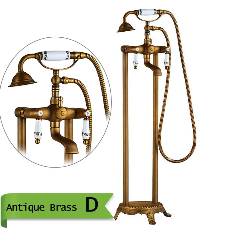 Robinet Baignoire Ìlot Sol Laiton Antique – Double Poignée, Bec Pivotant & Douchette | Style Vintage Salle de Bain