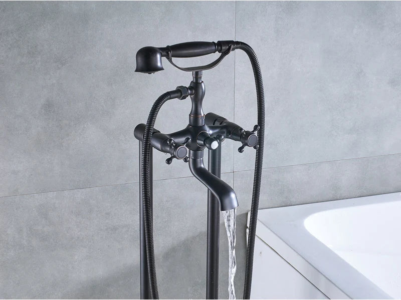 Robinet Baignoire Ìlot Sol Laiton Antique – Double Poignée, Bec Pivotant & Douchette | Style Vintage Salle de Bain