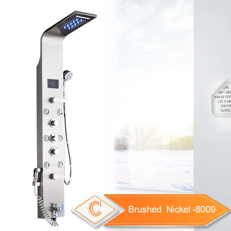 Panneau Douche LED 6 Modes Intelligent – Colonne LCD Rose Gold | Pluie, Cascade, Jets Massage & Robinet Mitigeur