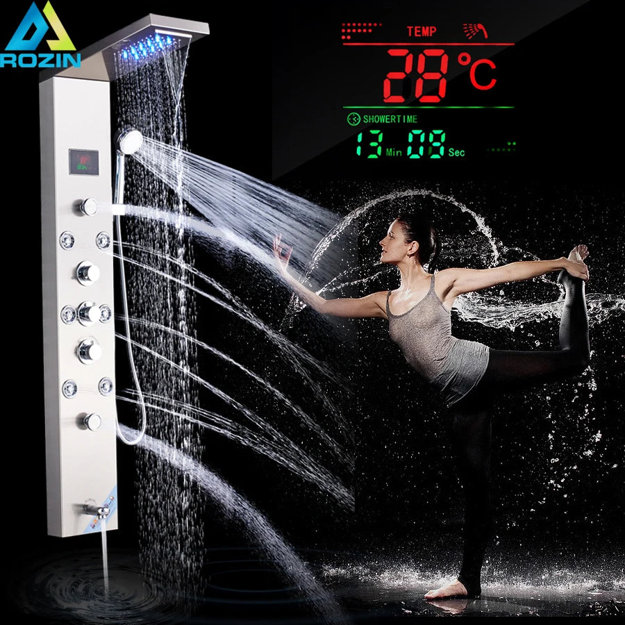 Colonne Douche LED Luxe Nickel Brossé – SPA Jets Massage, Affichage Digital Température | Panneau Douche Tour Salle de Bain