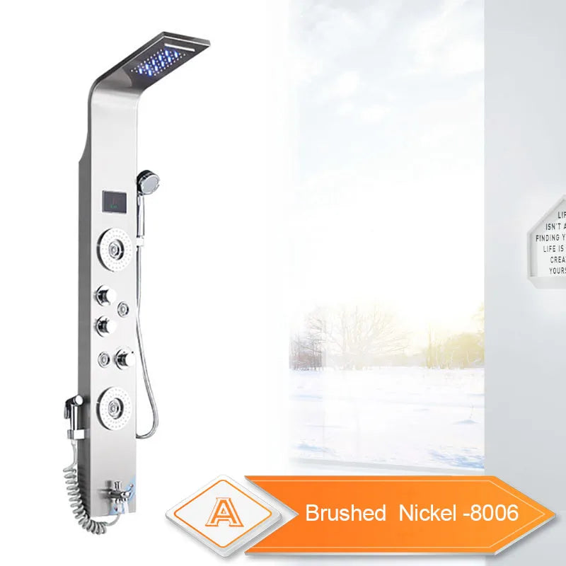 Panneau Douche LED 6 Modes Intelligent – Colonne LCD Rose Gold | Pluie, Cascade, Jets Massage & Robinet Mitigeur