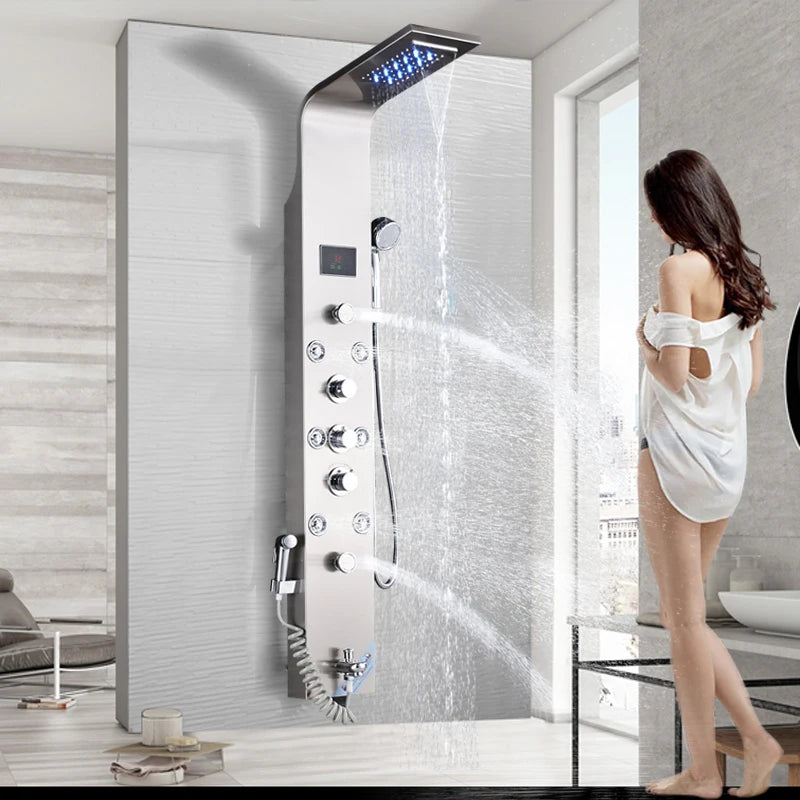 Panneau Douche LED 6 Modes Intelligent – Colonne LCD Rose Gold | Pluie, Cascade, Jets Massage & Robinet Mitigeur