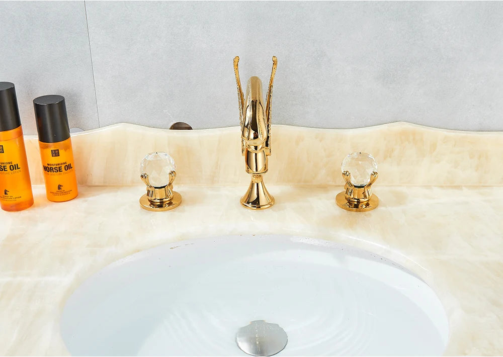 Rozin Robinet Lavabo Cygne Or Luxe – Double Poignée Cristal, Mitigeur Eau Chaude & Froide | Pièce Maîtresse Salle de Bain
