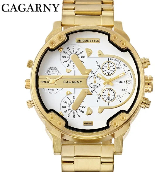 Montre Homme Cagarny D6820 Quartz Militaire – Double Fuseau Bracelet Cuir Fashion