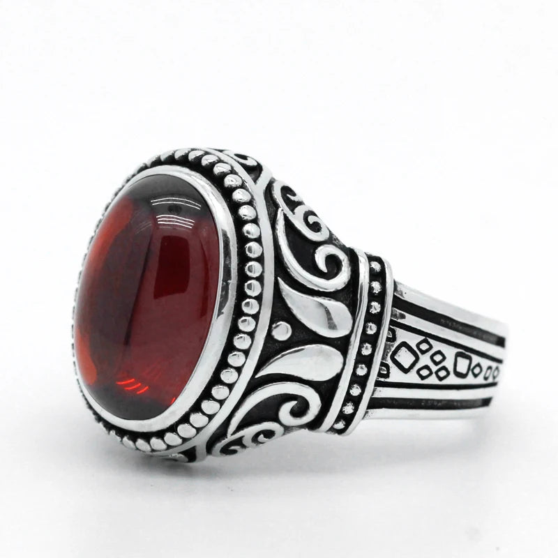 Bague Argent 925 Homme Zircon Rouge – Gravure Vintage Luxe | Bijou Sterling Silver Unisexe | Cadeau Homme & Femme