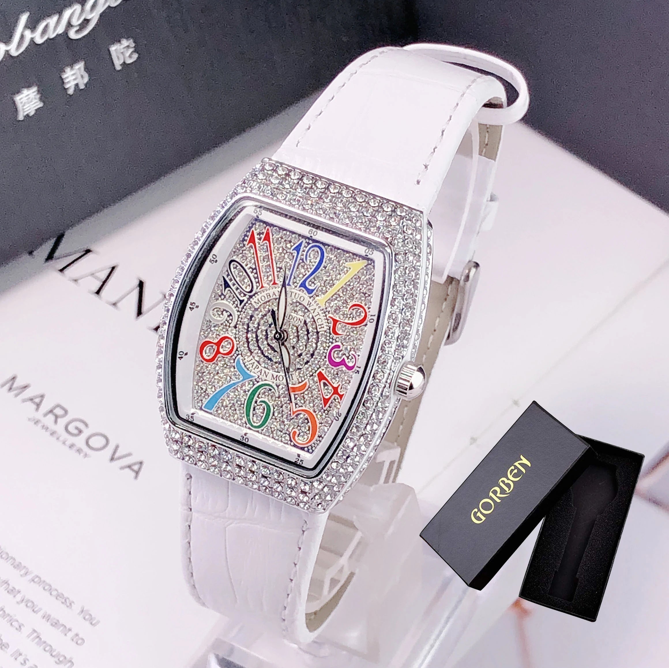 Montre Femme Luxe Diamant Cristal Cadran Rectangle Coloré Cuir Quartz – Design Unique Élégant