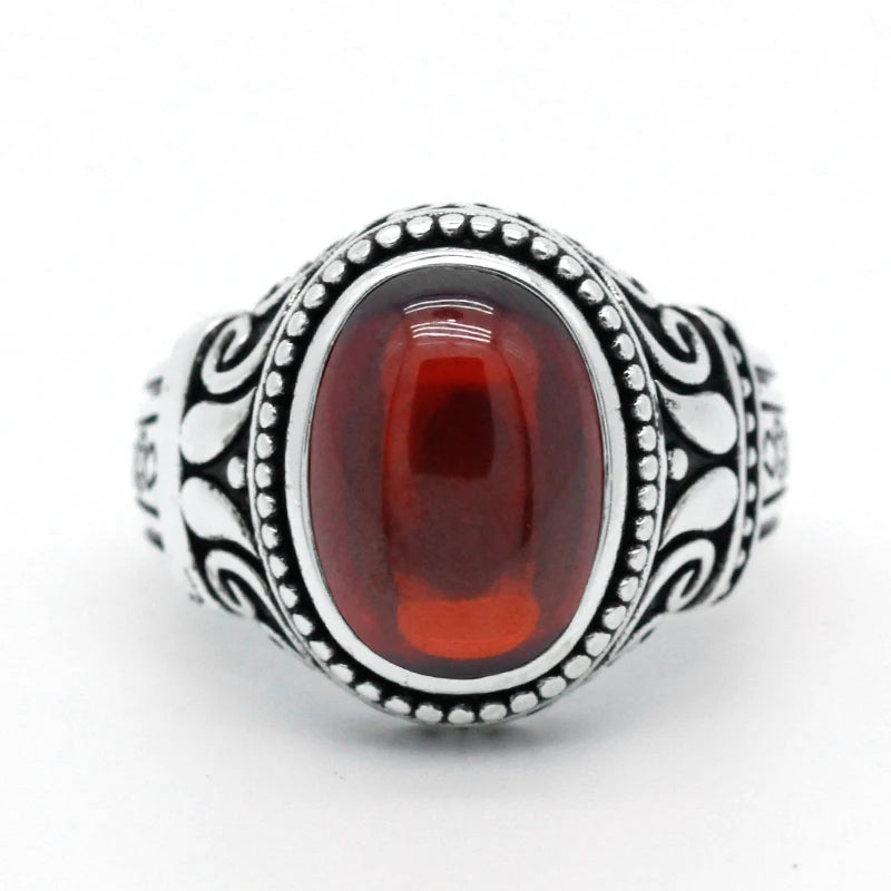 Bague Argent 925 Homme Zircon Rouge – Gravure Vintage Luxe | Bijou Sterling Silver Unisexe | Cadeau Homme & Femme