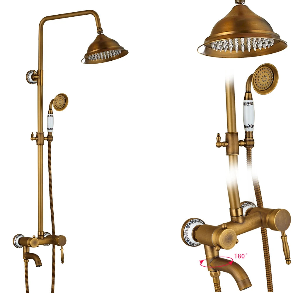 Rozin Ensemble Douche Antique Laiton Mural – Double Poignée, Douchette & Étagère Intégrée | Mitigeur Style Vintage